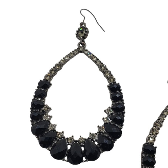 Large Gunmetal Gray Black White Rhinestone Teardrop Hook Dangle Pierced Earrings - Picture 7 of 10